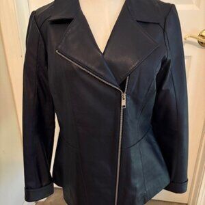 Navy Blue Leather Bomber Jacket